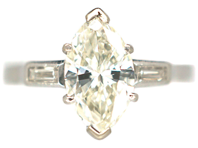 Platinum, Diamond Marquise Ring with Baguette Shoulders