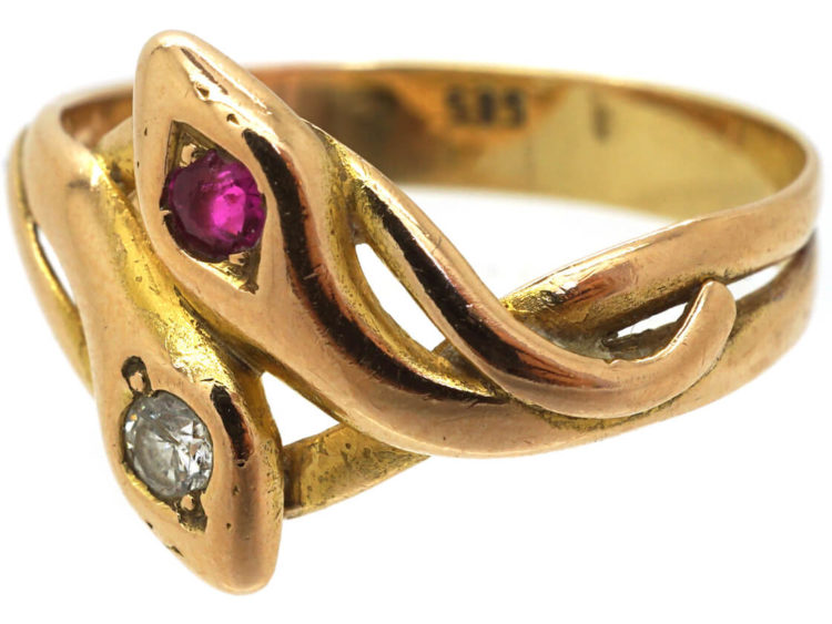 Edwardian 14ct Gold Double Snake Ring set with a Ruby & Diamond