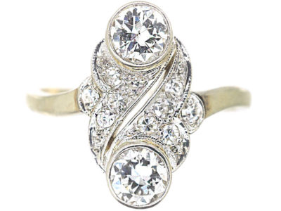 Art Deco 18ct White Gold Two Stone Diamond Ring with Diamond Set Leaf Design