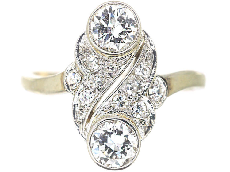 Art Deco 18ct White Gold Two Stone Diamond Ring with Diamond Set Leaf Design
