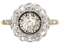 Edwardian 18ct Gold & Platinum, Diamond Cluster Ring with Diamond Set Shoulders