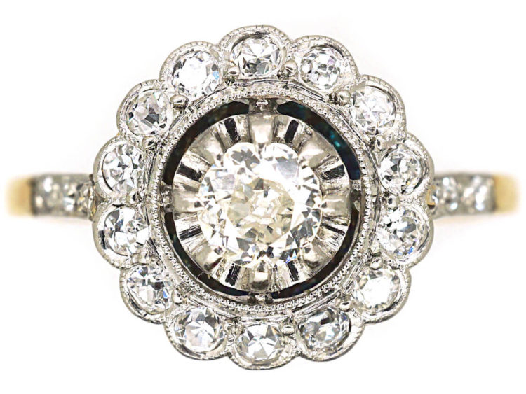 Edwardian 18ct Gold & Platinum, Diamond Cluster Ring with Diamond Set Shoulders