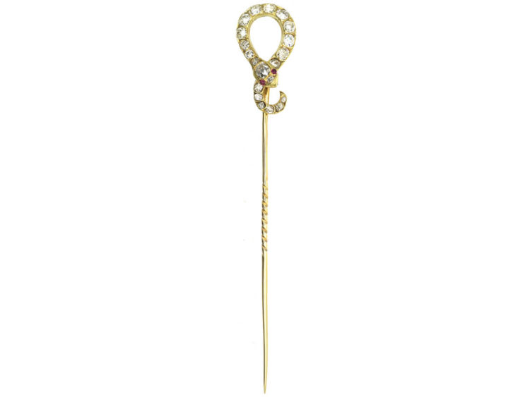 Victorian 18ct Gold Snake Tie Pin Set with Old Mine Cut Diamonds & Ruby Eyes