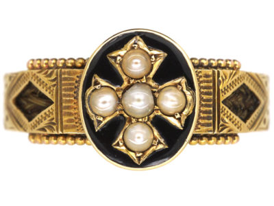 Victorian 18ct Gold Mourning Ring with Natural Split Pearl Cross