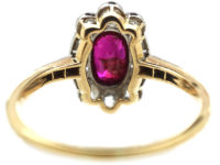 Edwardian 18ct Gold & Platinum, Ruby & Diamond Oval Cluster Ring with Diamond Set Shoulders