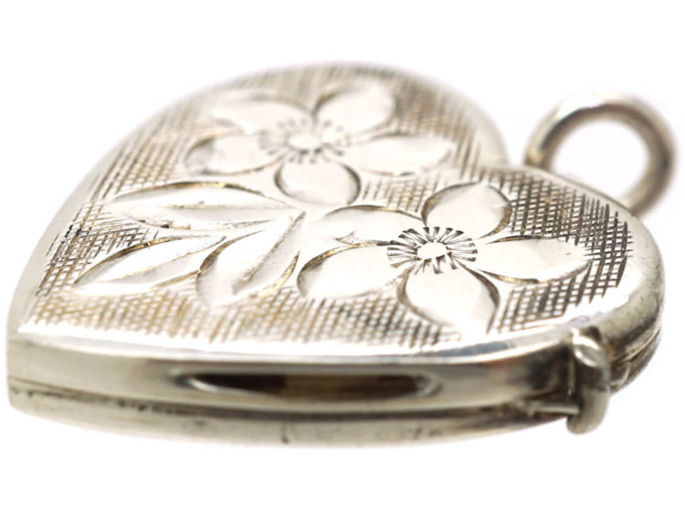 Silver Heart Locket with Engraved Flowers