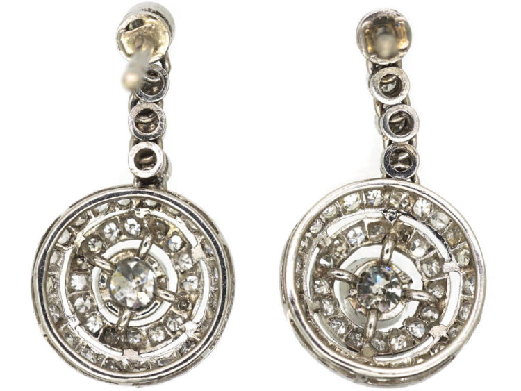French 18ct Gold & Platinum Diamond Set Drop Cluster Earrings