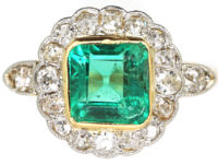 Edwardian 18ct Gold & Platinum, Square Cut Emerald & Diamond Cluster Ring
