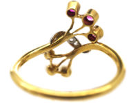 French Art Nouveau 18ct Gold, Ruby, Rose Diamond & Natural Pearl Ring