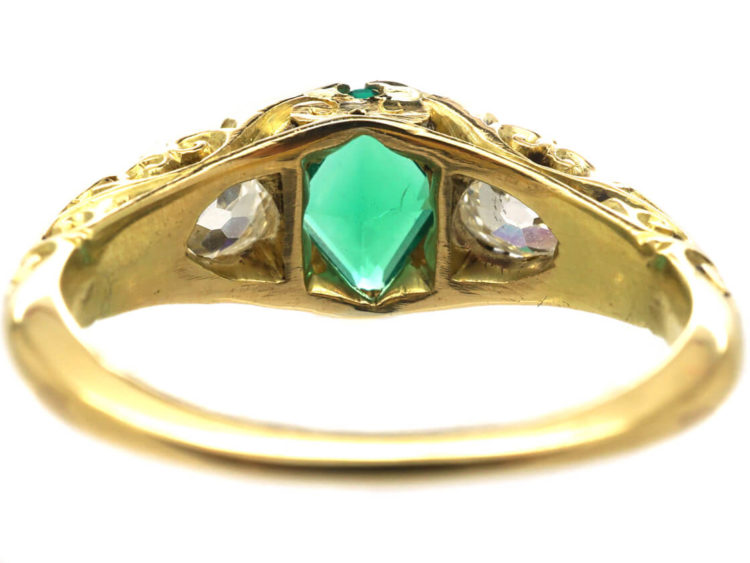 Victorian 18ct Gold Emerald & Diamond Three Stone Carved Half Hoop Ring