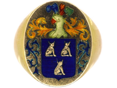 Large 18ct Gold & Enamel Signet Ring with Crest