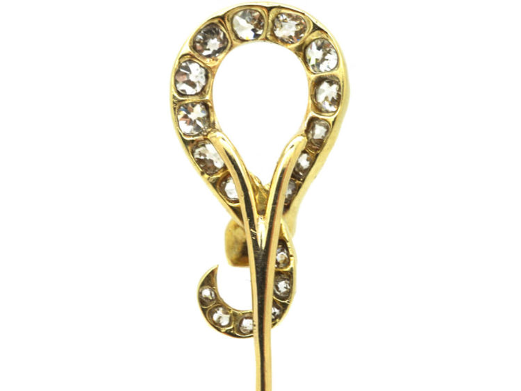 Victorian 18ct Gold Snake Tie Pin Set with Old Mine Cut Diamonds & Ruby Eyes