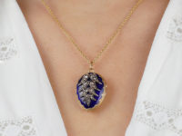 French 19th Century 18ct Gold Locket with Royal Blue Enamel & Rose Diamond Leaf Motif