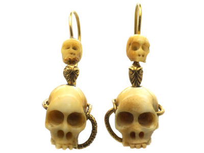Victorian Bone Skull & Gold Snake Earrings
