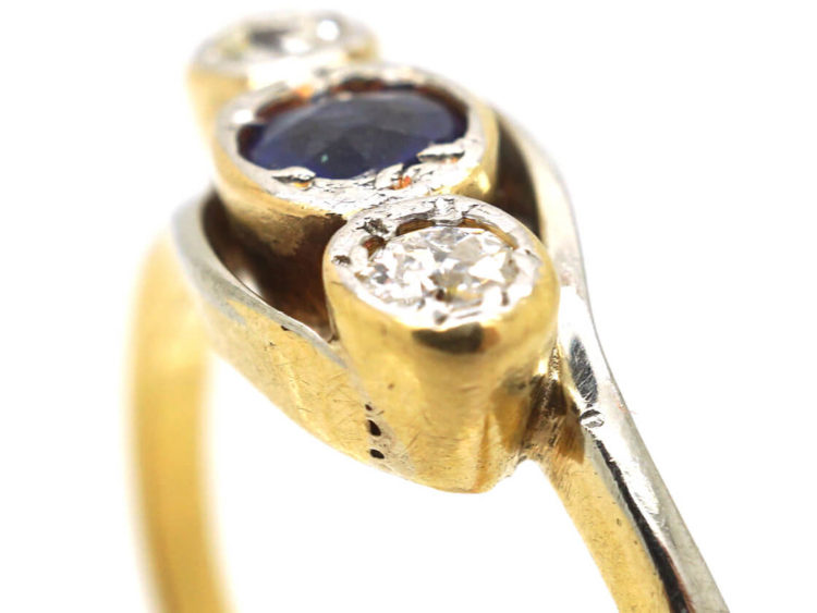 Edwardian 18ct Gold & Platinum, Sapphire & Diamond Crossover Ring