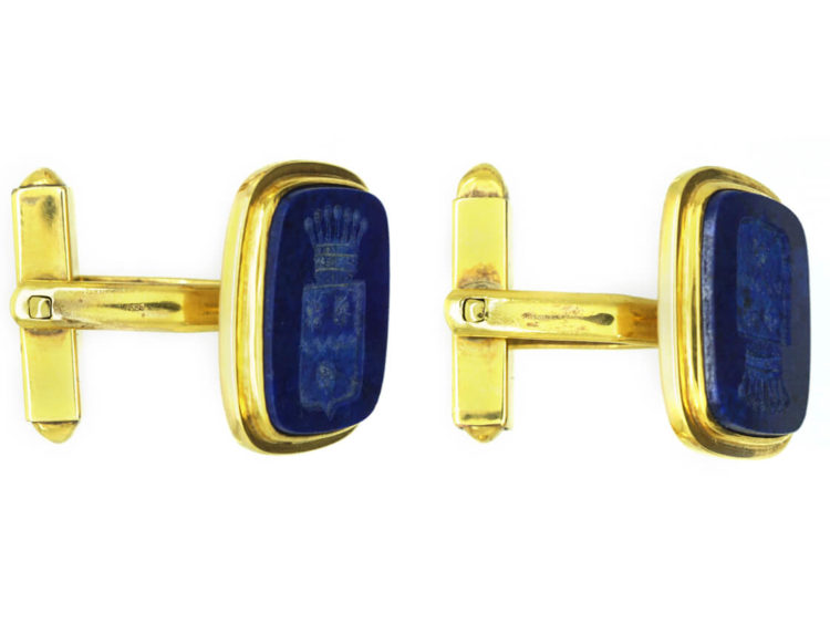 French 18ct Gold & Lapis Lazuli Cufflinks with Intaglio of a Marquis Crest