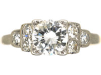 Art Deco 18ct White Gold & Platinum Diamond Solitaire Ring with Step Cut Shoulders set with Diamonds