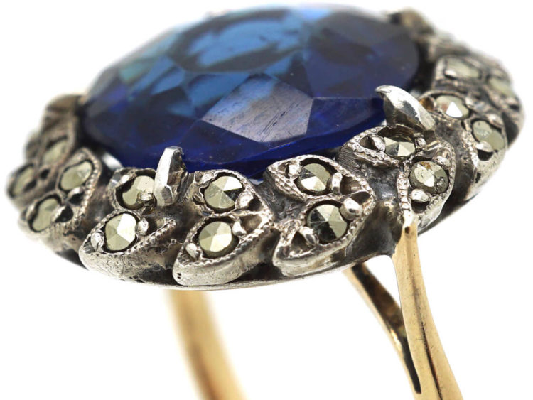 Art Deco Marcasite & Blue Paste Silver & Gold Ring