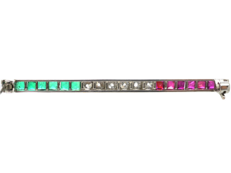 Art Deco 18ct White Gold, Emerald, Diamond & Ruby Bar Brooch