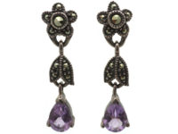 Silver, Amethyst & Marcasite Flower Drop Earrings