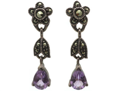 Silver, Amethyst & Marcasite Flower Drop Earrings