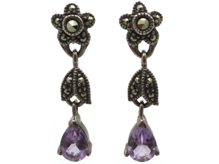Silver, Amethyst & Marcasite Flower Drop Earrings