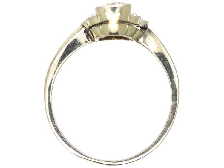 Art Deco 18ct White Gold Two Stone Diamond Ring with Diamond Set Leaf Design