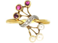 French Art Nouveau 18ct Gold, Ruby, Rose Diamond & Natural Pearl Ring