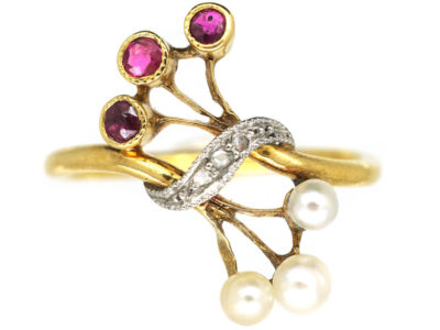 French Art Nouveau 18ct Gold, Ruby, Rose Diamond & Natural Pearl Ring