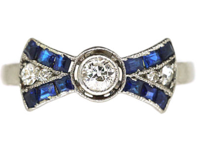 Art Deco Platinum Diamond & Sapphire Bow Ring