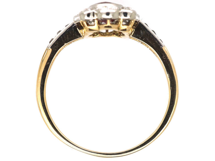 Edwardian 18ct Gold & Platinum, Ruby & Diamond Oval Cluster Ring with Diamond Set Shoulders