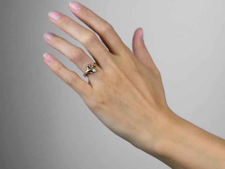 Edwardian 14ct Gold Double Snake Ring set with a Ruby & Diamond