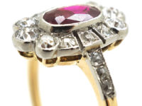 Edwardian 18ct Gold & Platinum, Ruby & Diamond Oval Cluster Ring with Diamond Set Shoulders