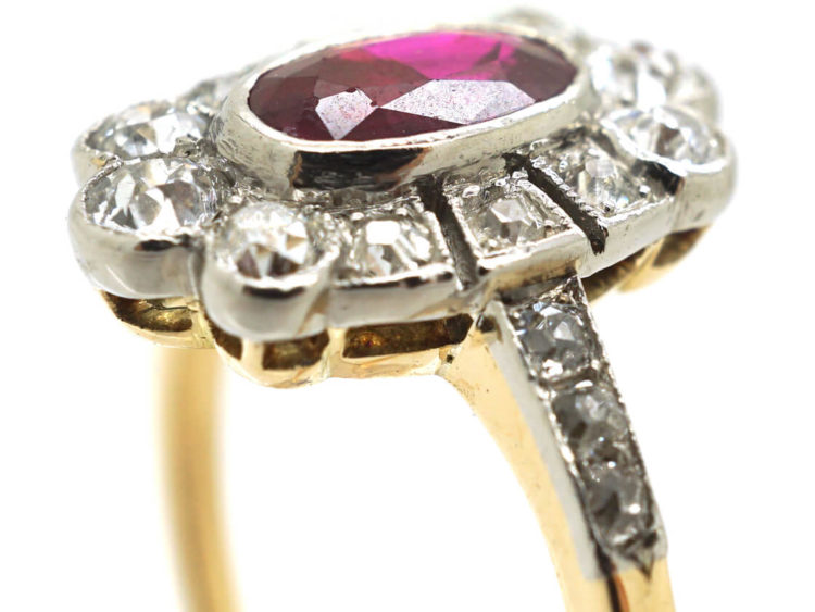 Edwardian 18ct Gold & Platinum, Ruby & Diamond Oval Cluster Ring with Diamond Set Shoulders