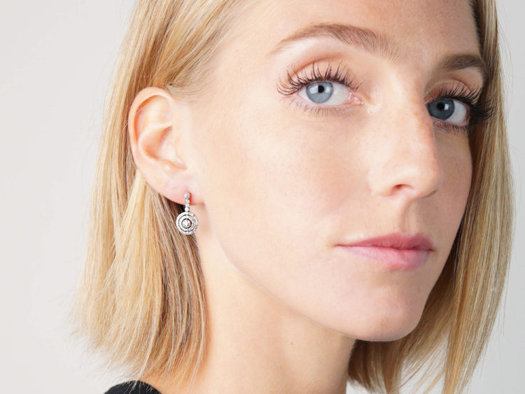French 18ct Gold & Platinum Diamond Set Drop Cluster Earrings