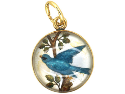 Edwardian 18ct Gold Reverse Intaglio Rock Crystal Pendant of a Bluebird