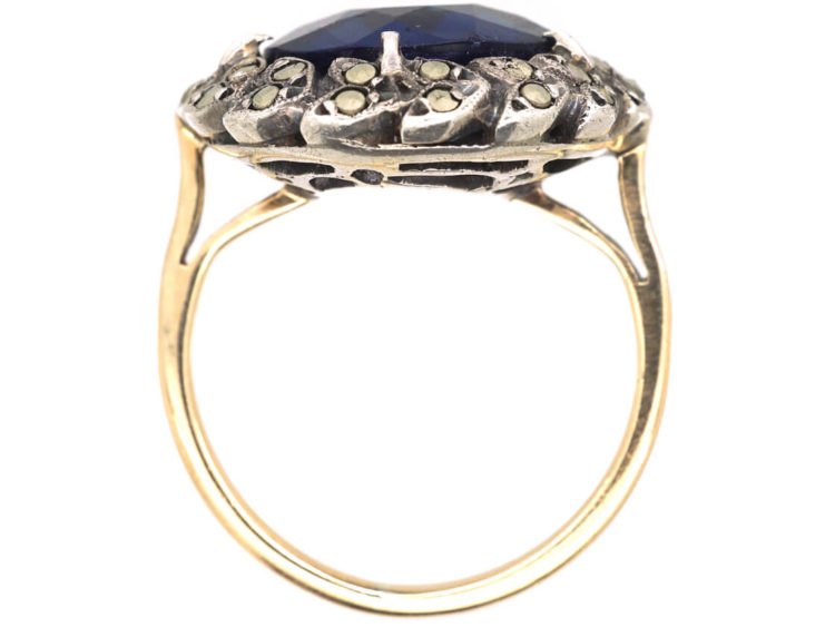 Art Deco Marcasite & Blue Paste Silver & Gold Ring