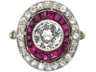 Art Deco Platinum, Ruby & Diamond Oval Target Ring Art Deco Platinum, Ruby & Diamond Oval Target Ring