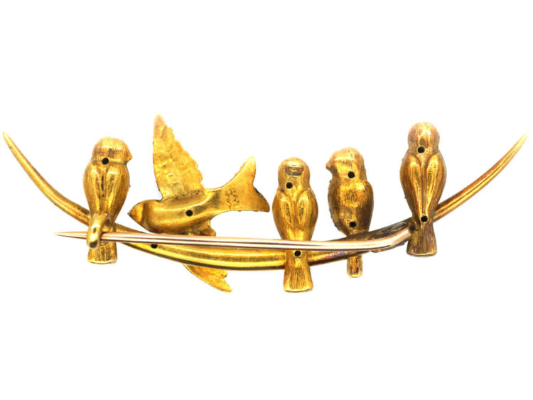 Edwardian 15ct Gold Swallows on a Crescent Moon Brooch