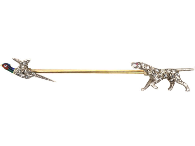 Edwardian Rose Diamond, Ruby & Enamel Labrador & Pheasant Surete Brooch