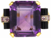 Art Deco 14ct Gold, Amethyst, Onyx & Diamond Ring
