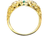 Victorian 18ct Gold Emerald & Diamond Three Stone Carved Half Hoop Ring