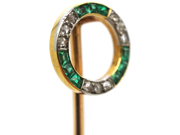 French 18ct Gold Art Deco Emerald & Diamond Circle Tie Pin