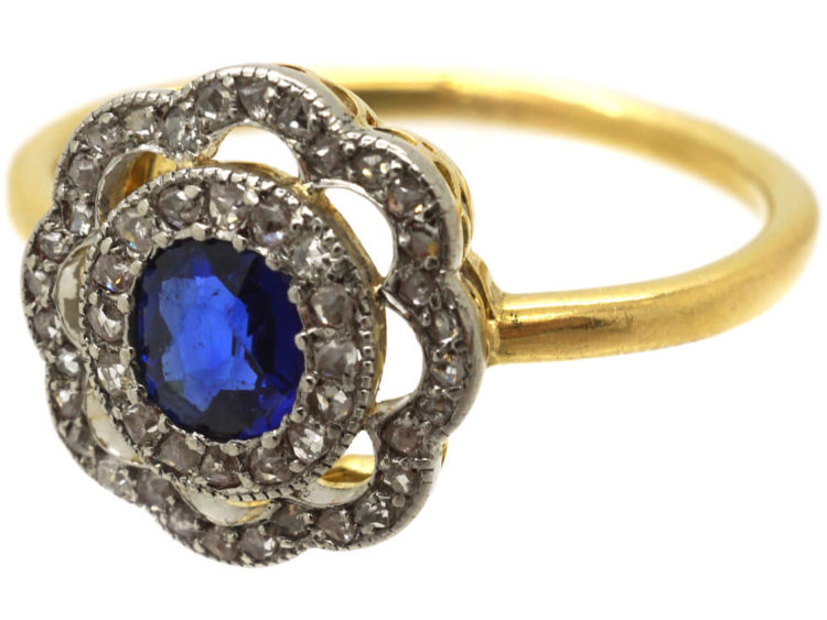 Edwardian 18ct Gold & Platinum Sapphire & Diamond Cluster Ring
