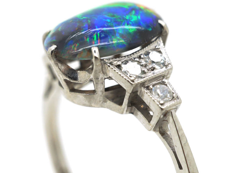 Art Deco Platinum, Black Opal & Diamond Ring