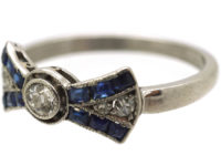 Art Deco Platinum Diamond & Sapphire Bow Ring