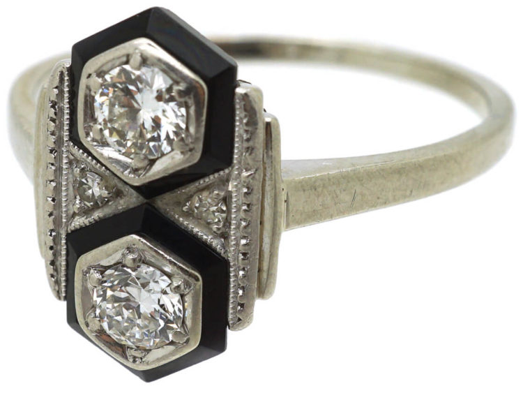 Art Deco 14ct White Gold, Onyx & Diamond Geometric Ring