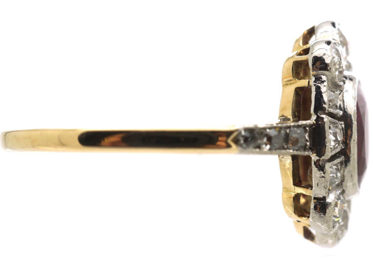 Edwardian 18ct Gold & Platinum, Ruby & Diamond Oval Cluster Ring with Diamond Set Shoulders