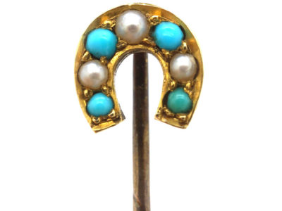 Edwardian 15ct Gold, Turquoise & Natural Split Pearl Horseshoe Tie Pin