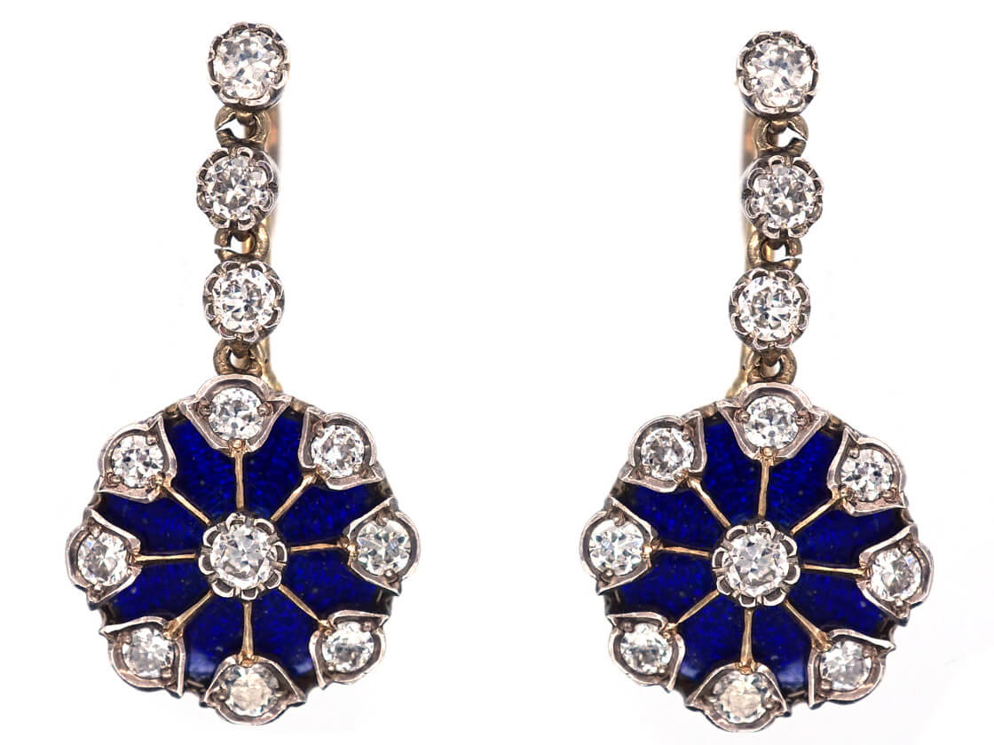 A pair of Art Deco Diamond & Enamel Drop Cluster Earrings